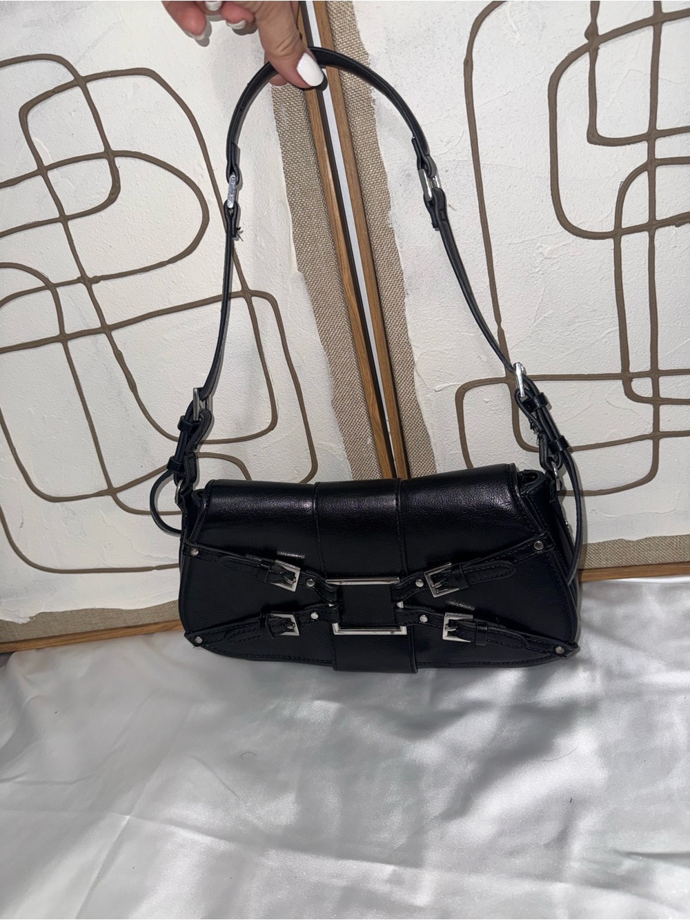 Zara Black Leather Shoulder Bag with Buckle Straps